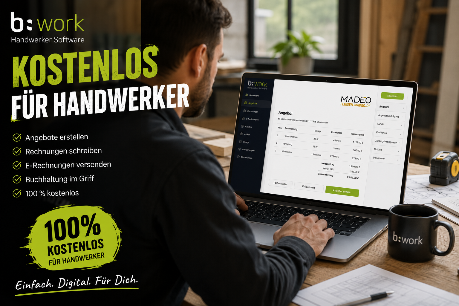 Handwerker nutzt bwork Software für Angebote und Buchhaltung